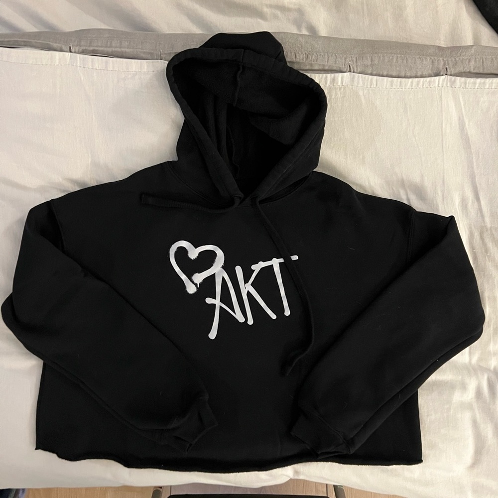 AKT Black Cropped Hoodie Sweatshirt with Graffiti Logo